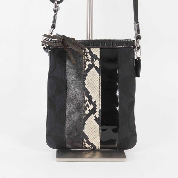 Coach 8.5 x 7 x .5 Black Beige Canvas Patent Snake Smooth Leather Xbody Purse