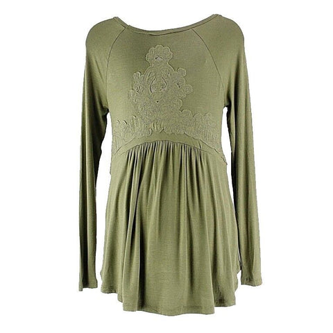 Cloud Chaser NEW $36 Sz S Olive Rayon Spandex LS Back Applique Top