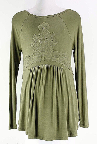 Cloud Chaser NEW $36 Sz S Olive Rayon Spandex LS Back Applique Top