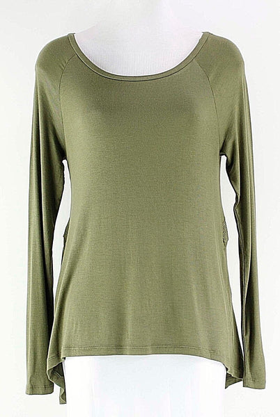 Cloud Chaser NEW $36 Sz S Olive Rayon Spandex LS Back Applique Top