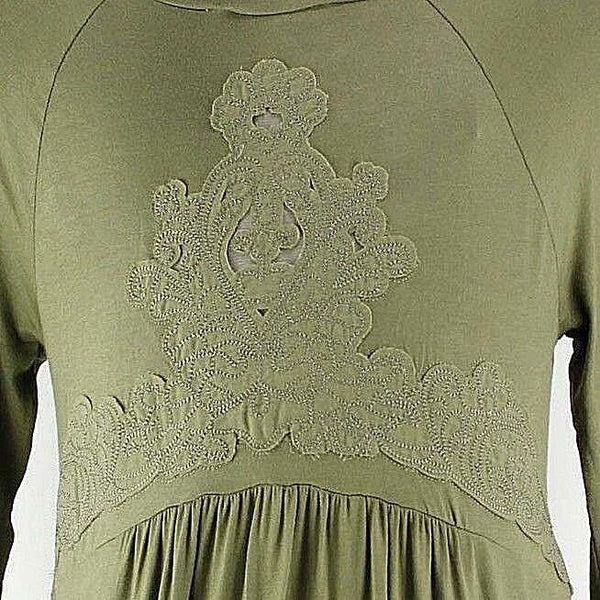 Cloud Chaser NEW $36 Sz S Olive Rayon Spandex LS Back Applique Top