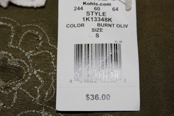 Cloud Chaser NEW $36 Sz S Olive Rayon Spandex LS Back Applique Top