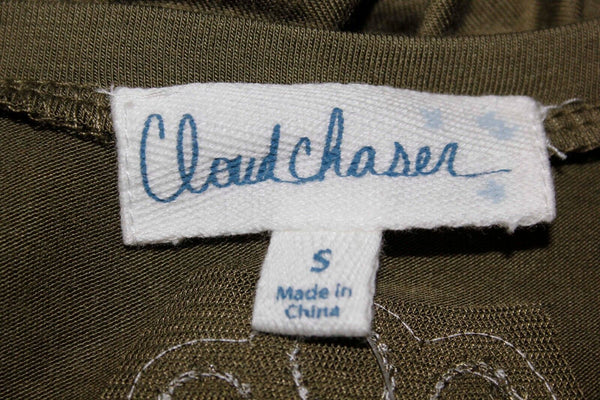 Cloud Chaser NEW $36 Sz S Olive Rayon Spandex LS Back Applique Top