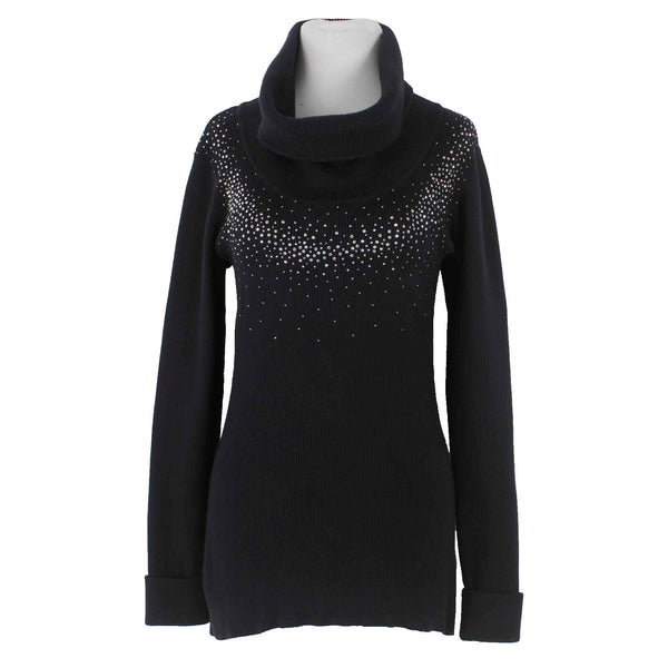 Christine Alexander Sz M Black Rhinestones Turtleneck Cotton Nylon Sweater