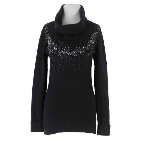 Christine Alexander Sz M Black Rhinestones Turtleneck Cotton Nylon Sweater