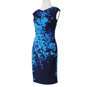 American Living Sz 4 Navy Aqua Faux Wrap Ruched Bodice Poly Blend Part Dress