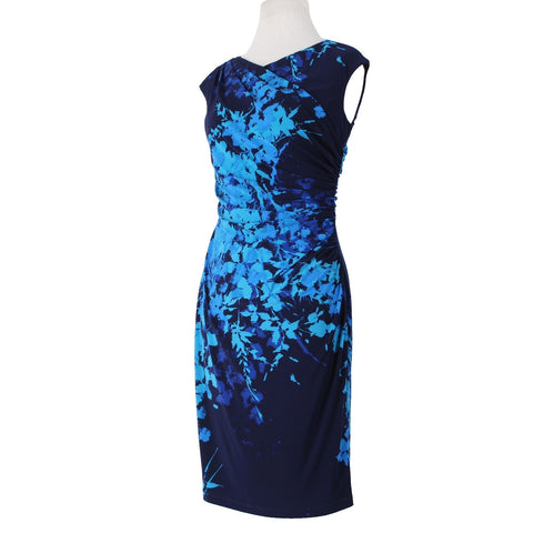 American Living Sz 4 Navy Aqua Faux Wrap Ruched Bodice Poly Blend Part Dress
