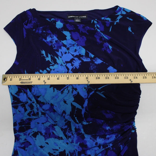 American Living Sz 4 Navy Aqua Faux Wrap Ruched Bodice Poly Blend Part Dress
