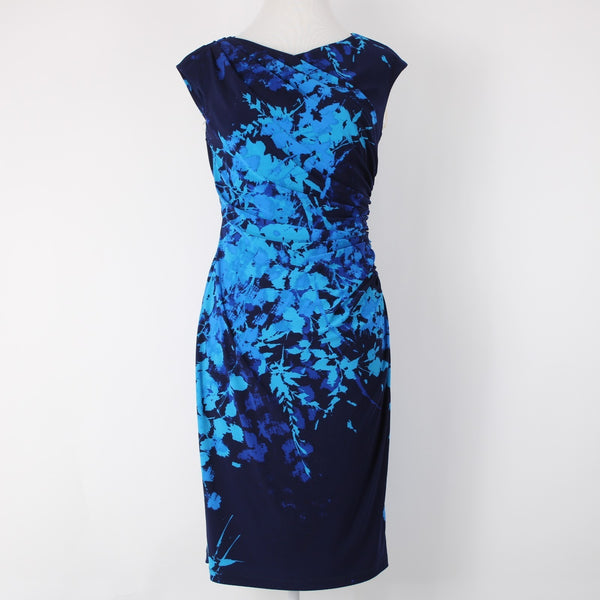 American Living Sz 4 Navy Aqua Faux Wrap Ruched Bodice Poly Blend Part Dress