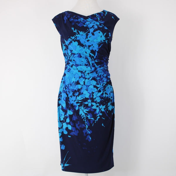 American Living Sz 4 Navy Aqua Faux Wrap Ruched Bodice Poly Blend Part Dress