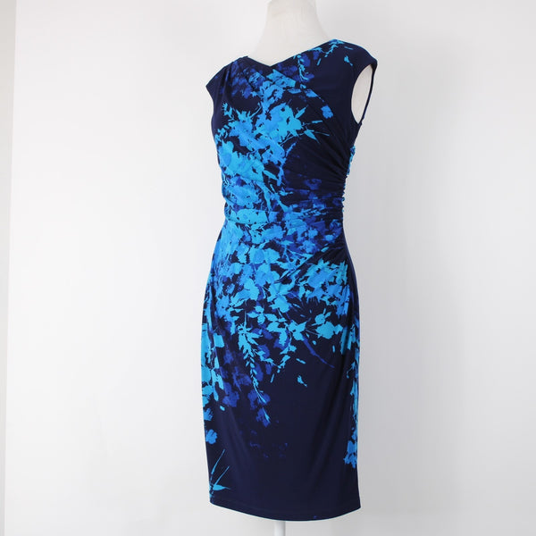 American Living Sz 4 Navy Aqua Faux Wrap Ruched Bodice Poly Blend Part Dress