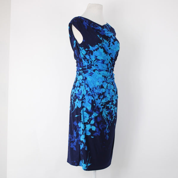 American Living Sz 4 Navy Aqua Faux Wrap Ruched Bodice Poly Blend Part Dress