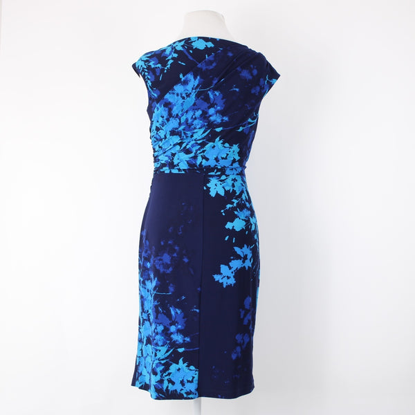 American Living Sz 4 Navy Aqua Faux Wrap Ruched Bodice Poly Blend Part Dress