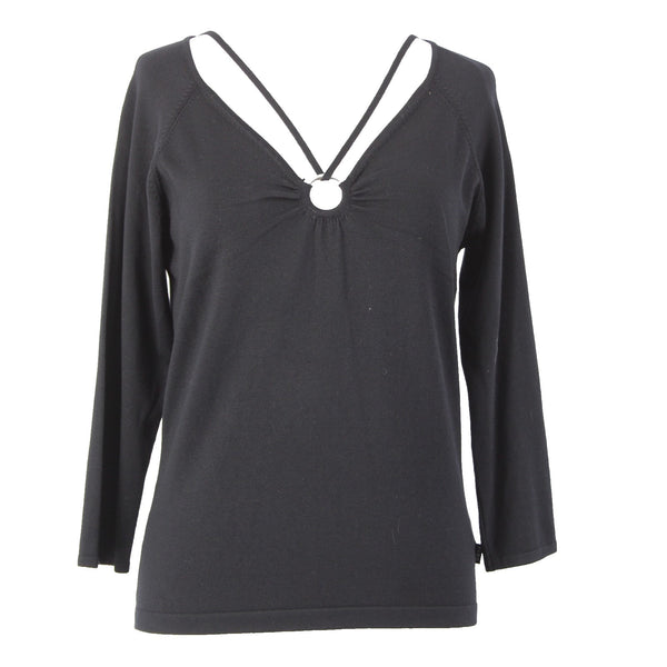 BCBG Maxazria Top NEW $145 Sz L Black 3/4 Sleeve Silk Nylon Spandex Pendant Top