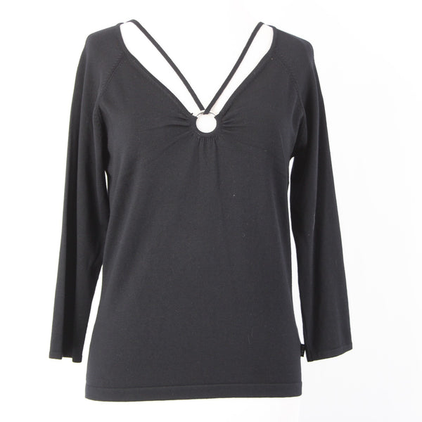 BCBG Maxazria Top NEW $145 Sz L Black 3/4 Sleeve Silk Nylon Spandex Pendant Top