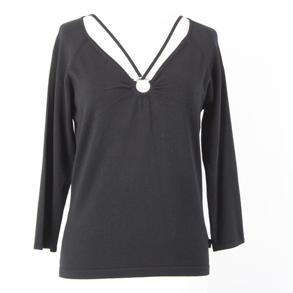 BCBG Maxazria Top NEW $145 Sz L Black 3/4 Sleeve Silk Nylon Spandex Pendant Top