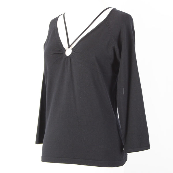 BCBG Maxazria Top NEW $145 Sz L Black 3/4 Sleeve Silk Nylon Spandex Pendant Top