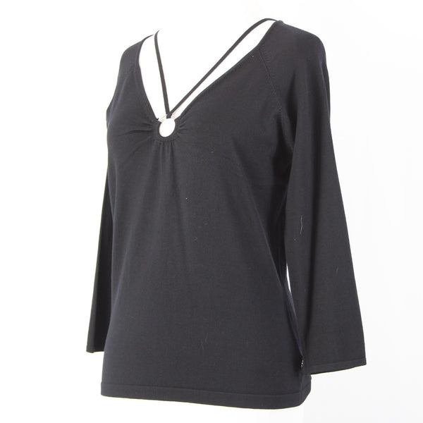 BCBG Maxazria Top NEW $145 Sz L Black 3/4 Sleeve Silk Nylon Spandex Pendant Top