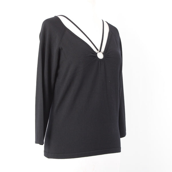 BCBG Maxazria Top NEW $145 Sz L Black 3/4 Sleeve Silk Nylon Spandex Pendant Top