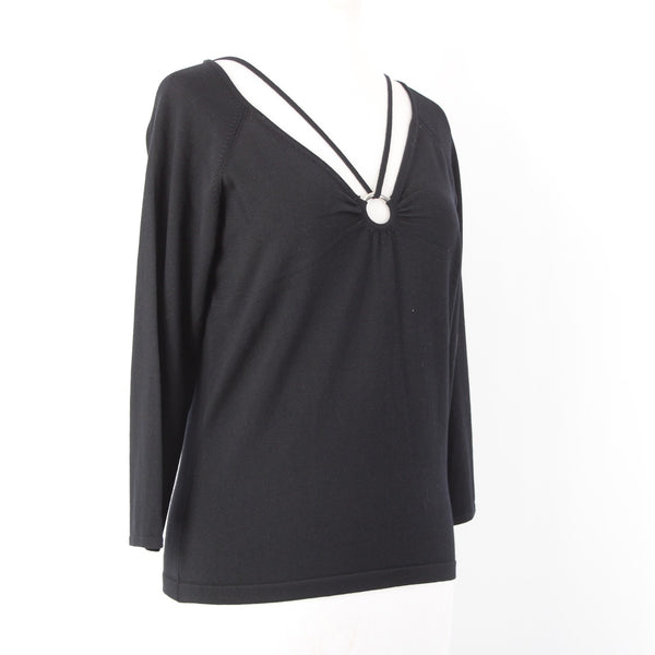 BCBG Maxazria Top NEW $145 Sz L Black 3/4 Sleeve Silk Nylon Spandex Pendant Top