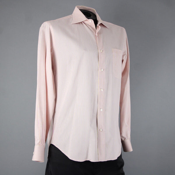 Loro Piana Sz 16/41 Pink White Yellow Collared Button Striped 100% Cotton Shirt