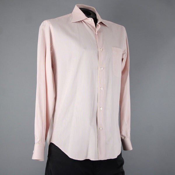 Loro Piana Sz 16/41 Pink White Yellow Collared Button Striped 100% Cotton Shirt