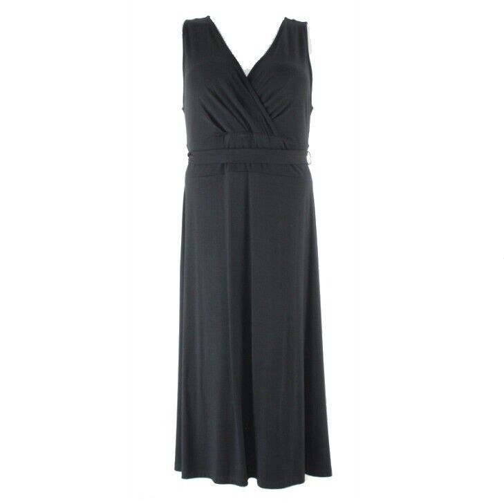 Talbots NEW Sz L Black Belted Faux Wrap Long A Line Rayon Spandex Dress