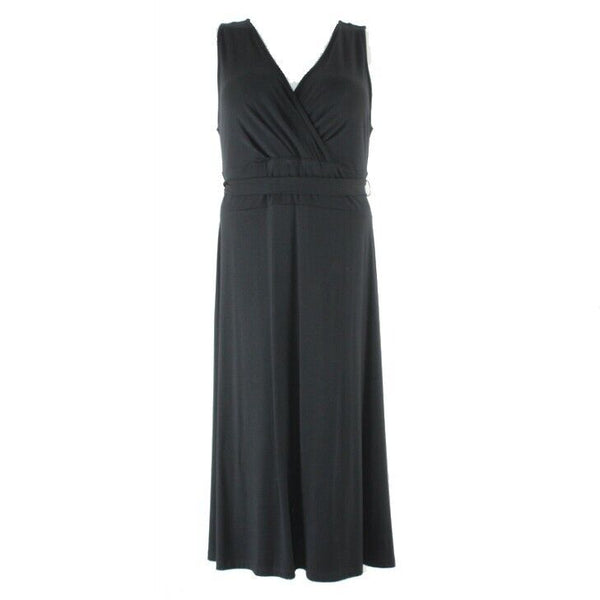 Talbots NEW Sz L Black Belted Faux Wrap Long A Line Rayon Spandex Dress