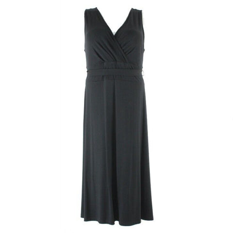 Talbots NEW Sz L Black Belted Faux Wrap Long A Line Rayon Spandex Dress