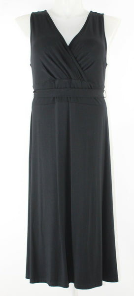 Talbots NEW Sz L Black Belted Faux Wrap Long A Line Rayon Spandex Dress