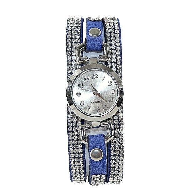 Vegan Suede Sz To 8 Blue Silvertone Snap Closure 3 Strands Rhinestone Watch