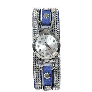 Vegan Suede Sz To 8 Blue Silvertone Snap Closure 3 Strands Rhinestone Watch