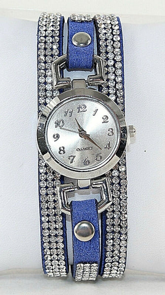 Vegan Suede Sz To 8 Blue Silvertone Snap Closure 3 Strands Rhinestone Watch