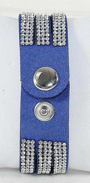 Vegan Suede Sz To 8 Blue Silvertone Snap Closure 3 Strands Rhinestone Watch