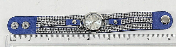 Vegan Suede Sz To 8 Blue Silvertone Snap Closure 3 Strands Rhinestone Watch