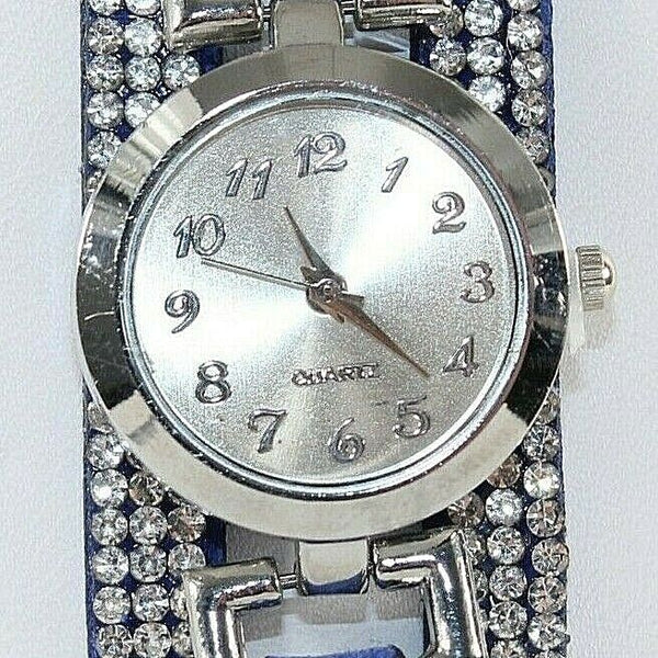Vegan Suede Sz To 8 Blue Silvertone Snap Closure 3 Strands Rhinestone Watch