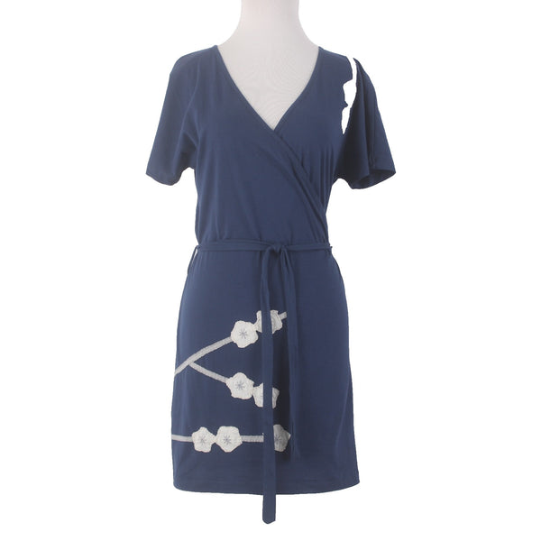 Synergy Dress Sz L Navy Blue White Floral V Neck 100% Organic Cotton Dress