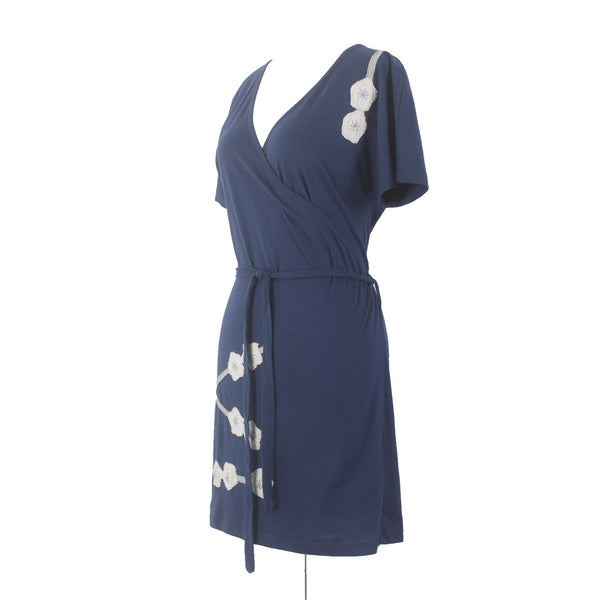 Synergy Dress Sz L Navy Blue White Floral V Neck 100% Organic Cotton Dress