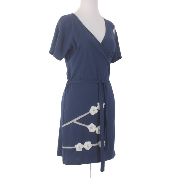 Synergy Dress Sz L Navy Blue White Floral V Neck 100% Organic Cotton Dress