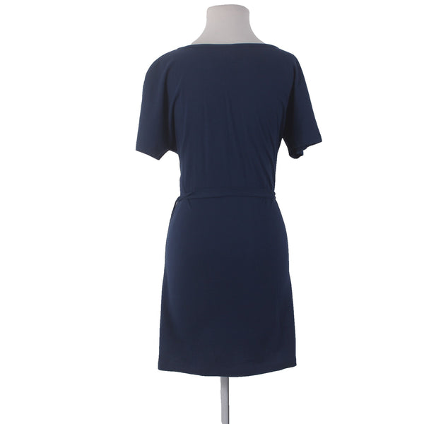 Synergy Dress Sz L Navy Blue White Floral V Neck 100% Organic Cotton Dress