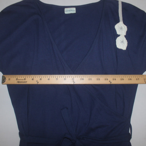 Synergy Dress Sz L Navy Blue White Floral V Neck 100% Organic Cotton Dress