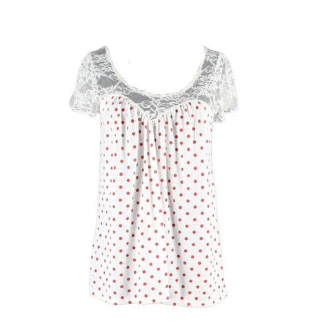 One Clothing Sz M White Red Poka Dots Lace Polyester Blend Top