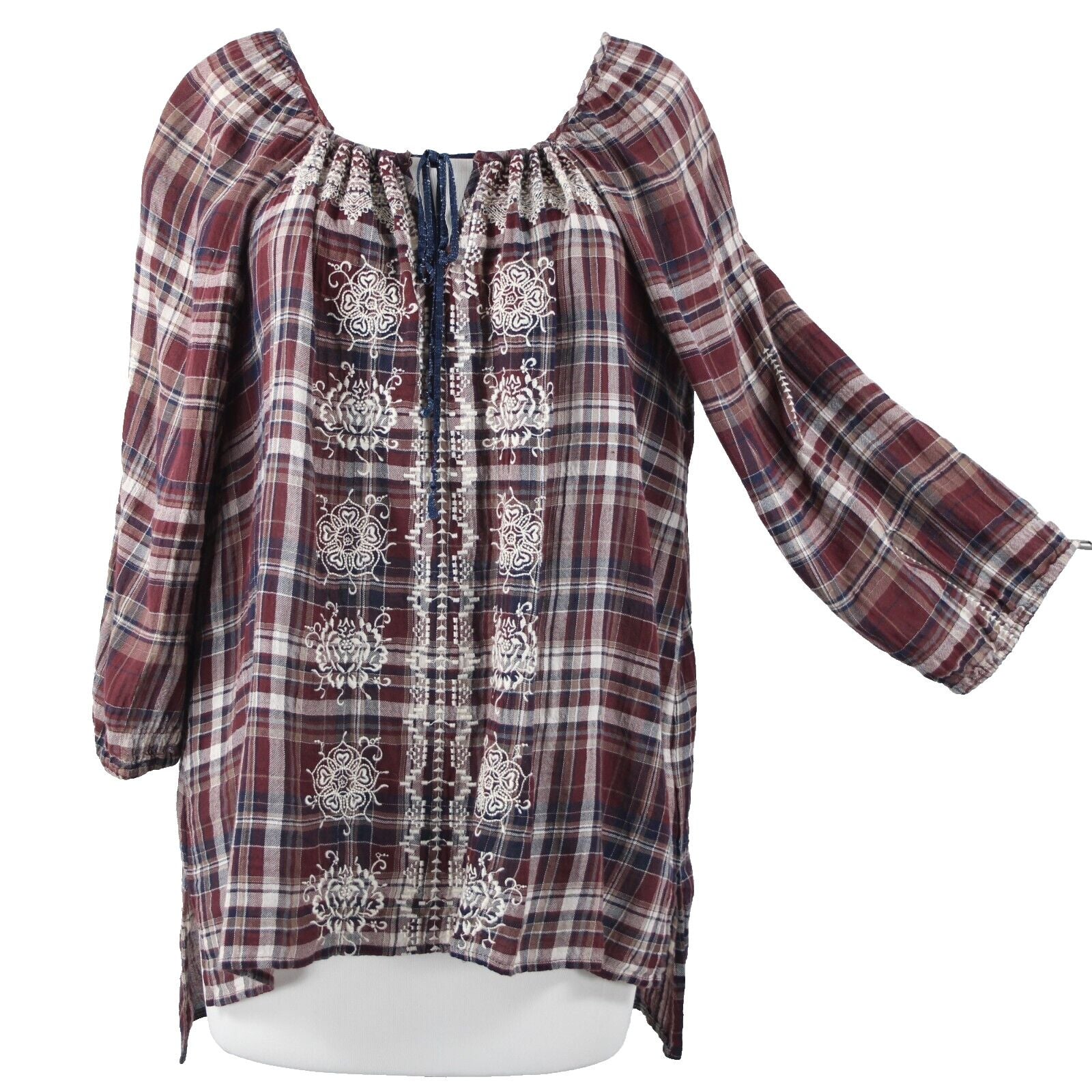 Johnny Was Sz M Burgundy Navy White Embroidered Plaid 100% Cotton Polyester Top
