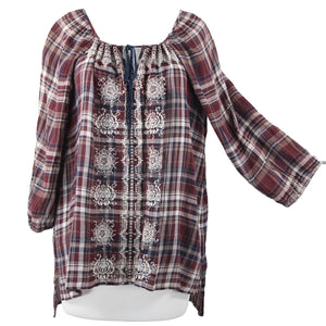 Johnny Was Sz M Burgundy Navy White Embroidered Plaid 100% Cotton Polyester Top