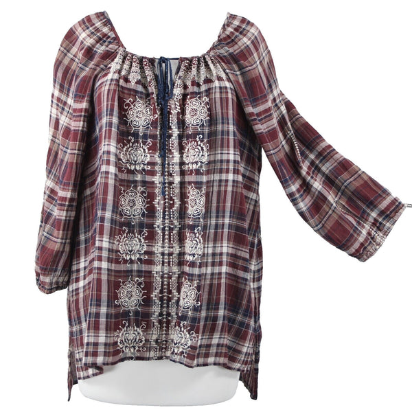 Johnny Was Sz M Burgundy Navy White Embroidered Plaid 100% Cotton Polyester Top