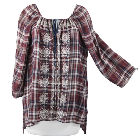 Johnny Was Sz M Burgundy Navy White Embroidered Plaid 100% Cotton Polyester Top