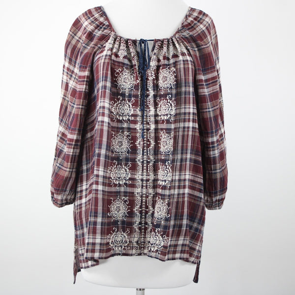 Johnny Was Sz M Burgundy Navy White Embroidered Plaid 100% Cotton Polyester Top