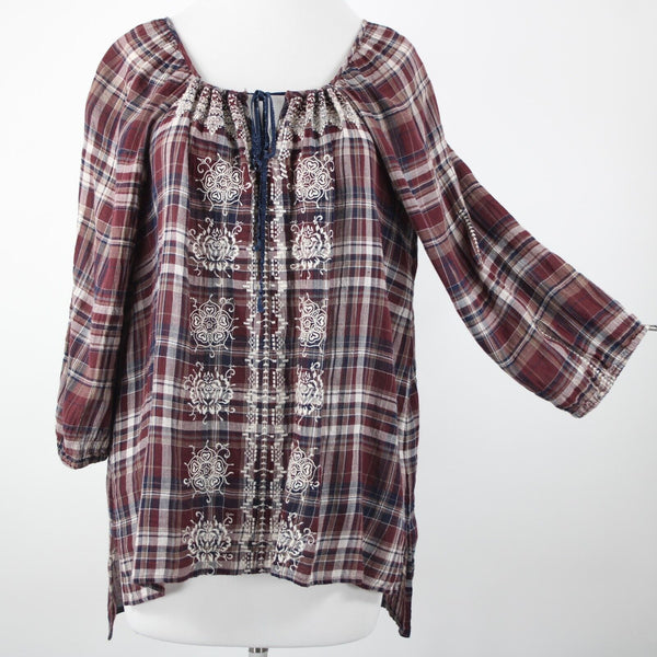 Johnny Was Sz M Burgundy Navy White Embroidered Plaid 100% Cotton Polyester Top
