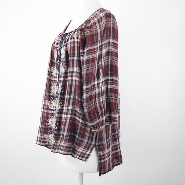 Johnny Was Sz M Burgundy Navy White Embroidered Plaid 100% Cotton Polyester Top