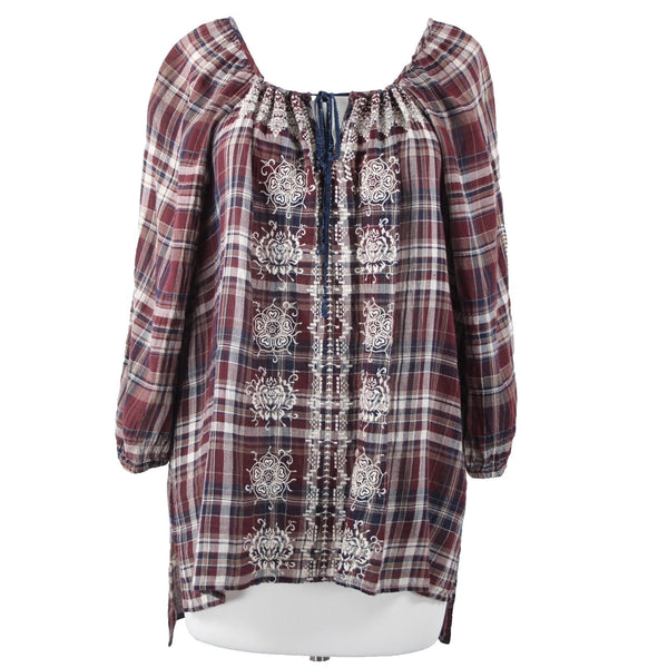 Johnny Was Sz M Burgundy Navy White Embroidered Plaid 100% Cotton Polyester Top